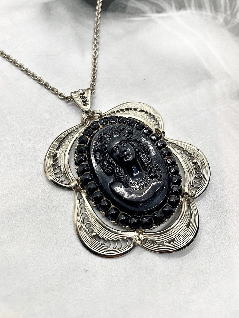 1940’s Vintage Western Germany Black & Silver Cameo Necklace and Earring Set